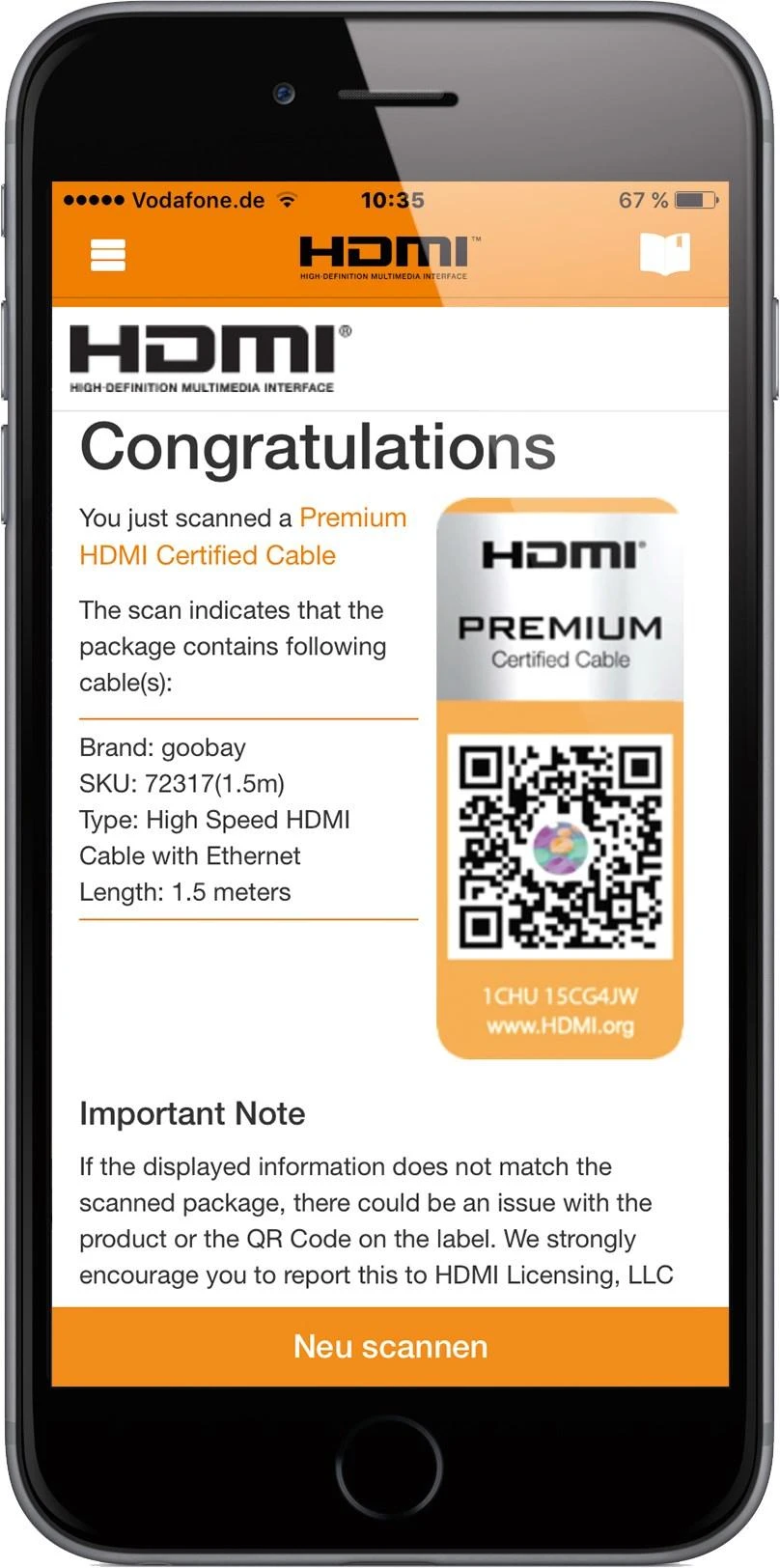 HDMI kabelio autentiškumo patikra išmaniuoju telefonu