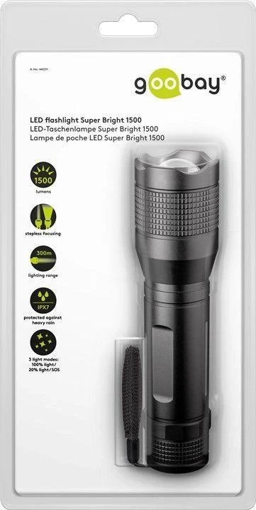 Goobay LED žibintuvėlis Super Bright 1500 44559 1500 lm, 20 W, Juodas, 1,5 V