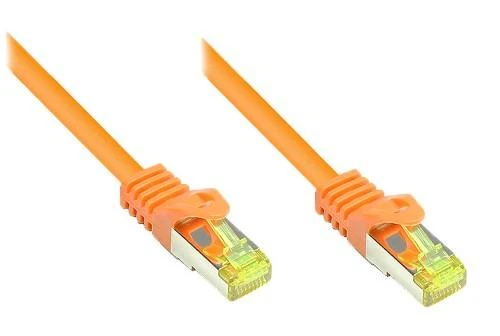 Good Connections Geros jungtys. RJ45 komutacinis kabelis su Cat.7 Roh kabeliu ir Rastnasenschutz (RNS), S/FTP, PiMF, be halogenų, 600MHz, OFC, oranžinis, 0,5m, (8070R-005O)