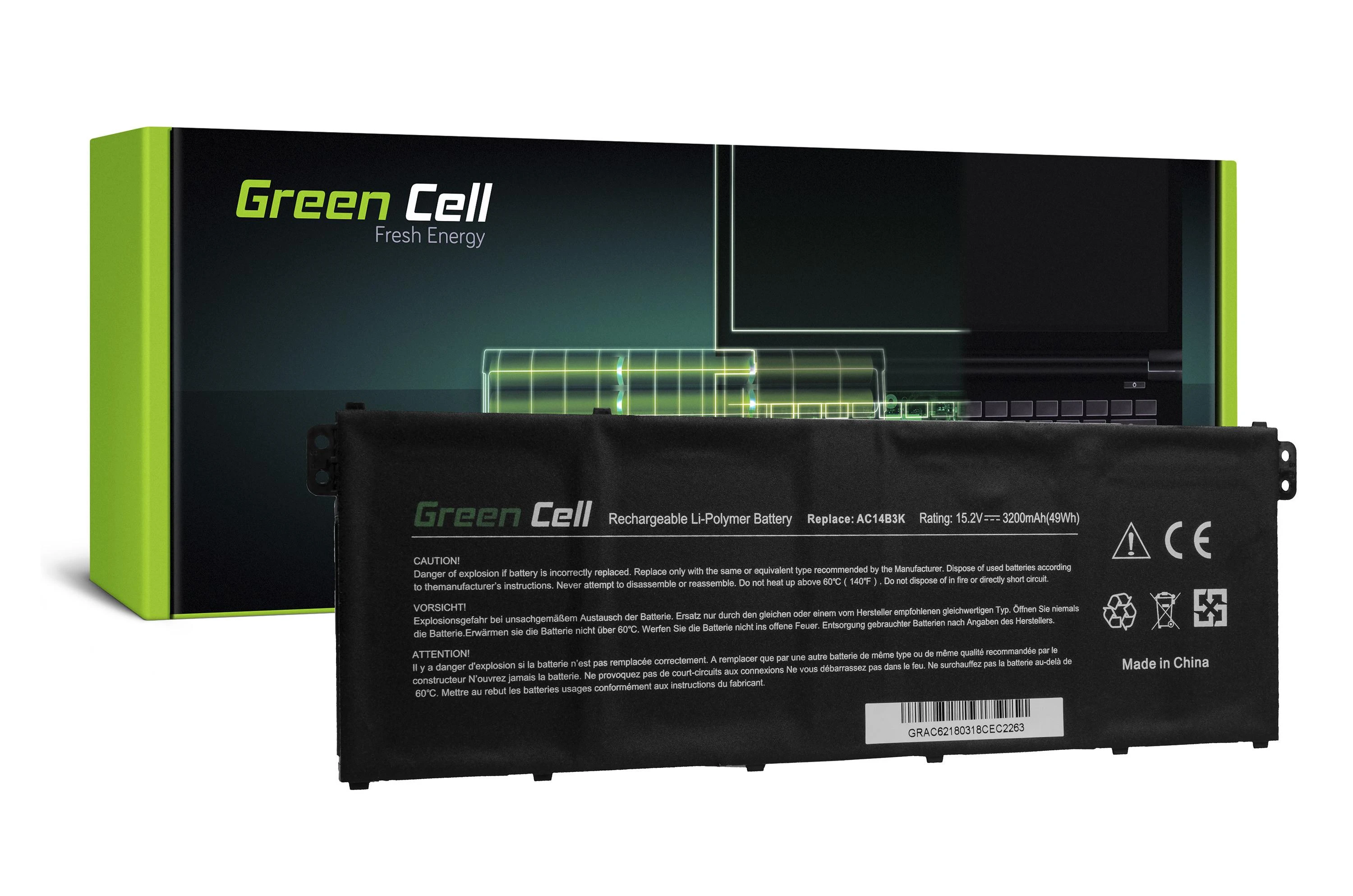 Green Cell Žalias Cell GREENCELL AC62 Bateria Žalias Cell AC14B3K AC14B8K do Acer Aspire 5 A515 A517 E15 ES1-512 ES1-53