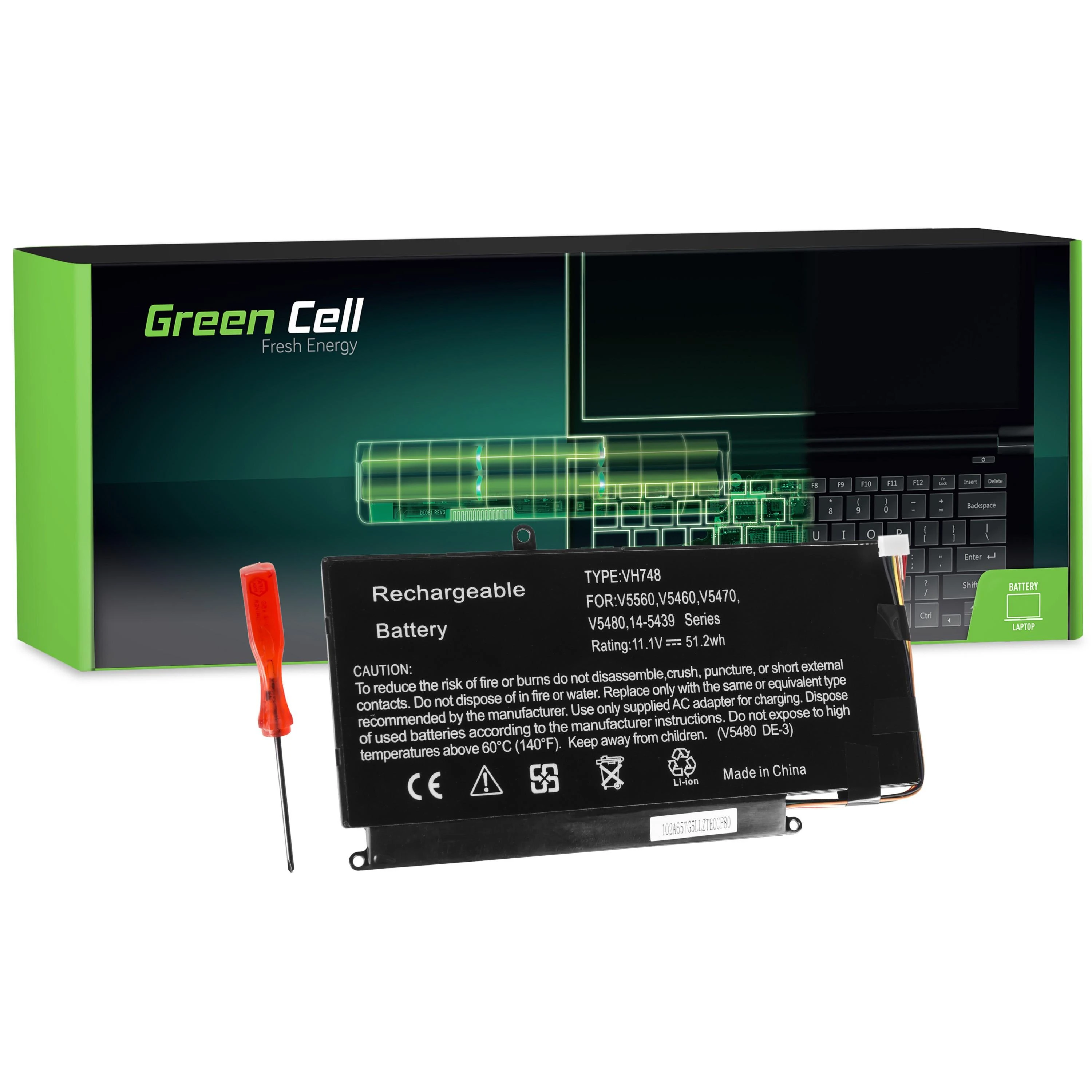 Green Cell Žalias Cell GREENCELL DE105 Baterija Žalias Cell VH748, skirta Dell Vostro 5460 5470 5480 5560 Dell Inspiron 14 5