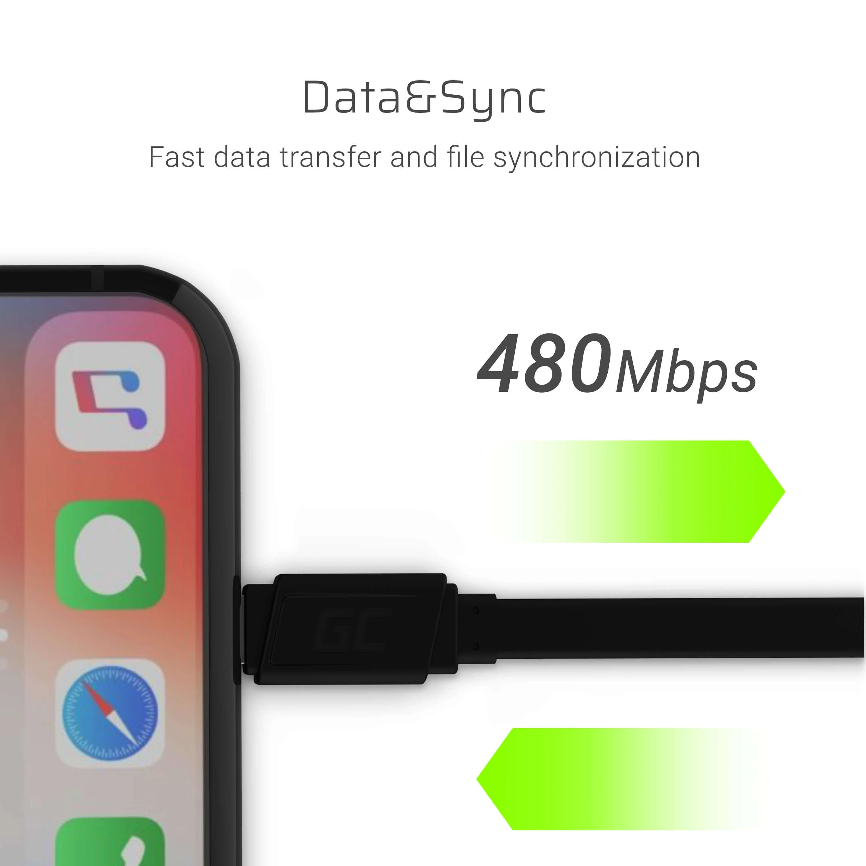 Žalias Cell GREENCELL KABGC02 GCmatte Lightning Plokščias kabelis 25 cm su greitu įkrovimu Apple 2.4A