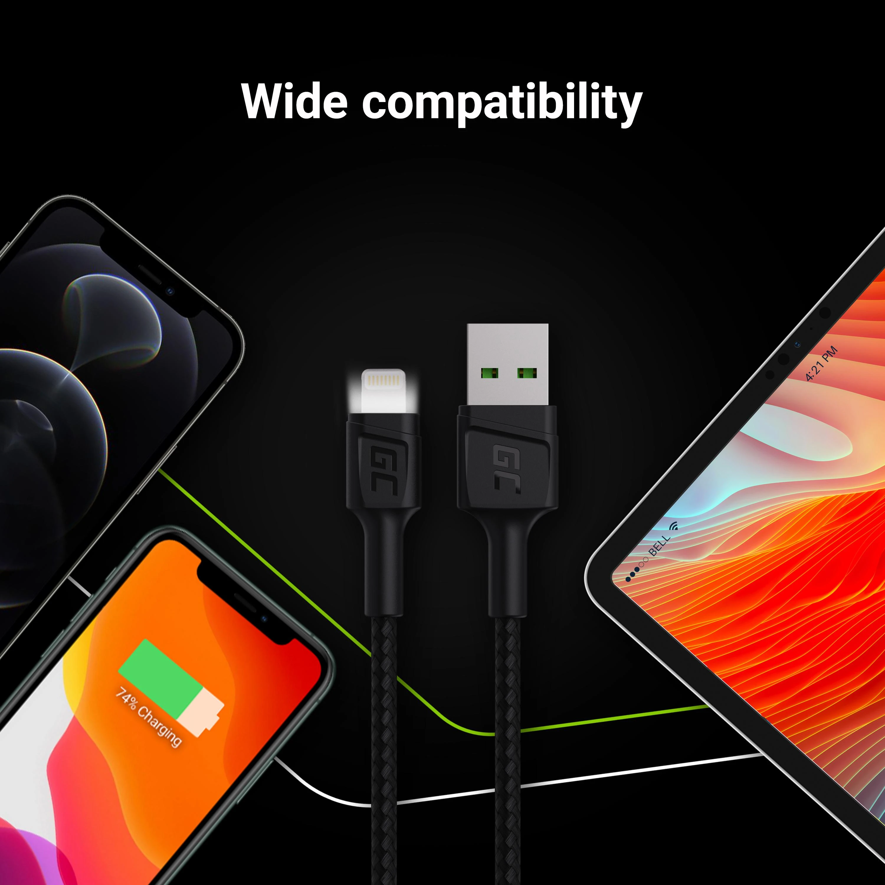 Green Cell Žalias Cell GREENCELL KABGC05 Kabelis Žalias Cell Ray USB-A - Lightning Baltas LED 120cm su Apple palaikymu