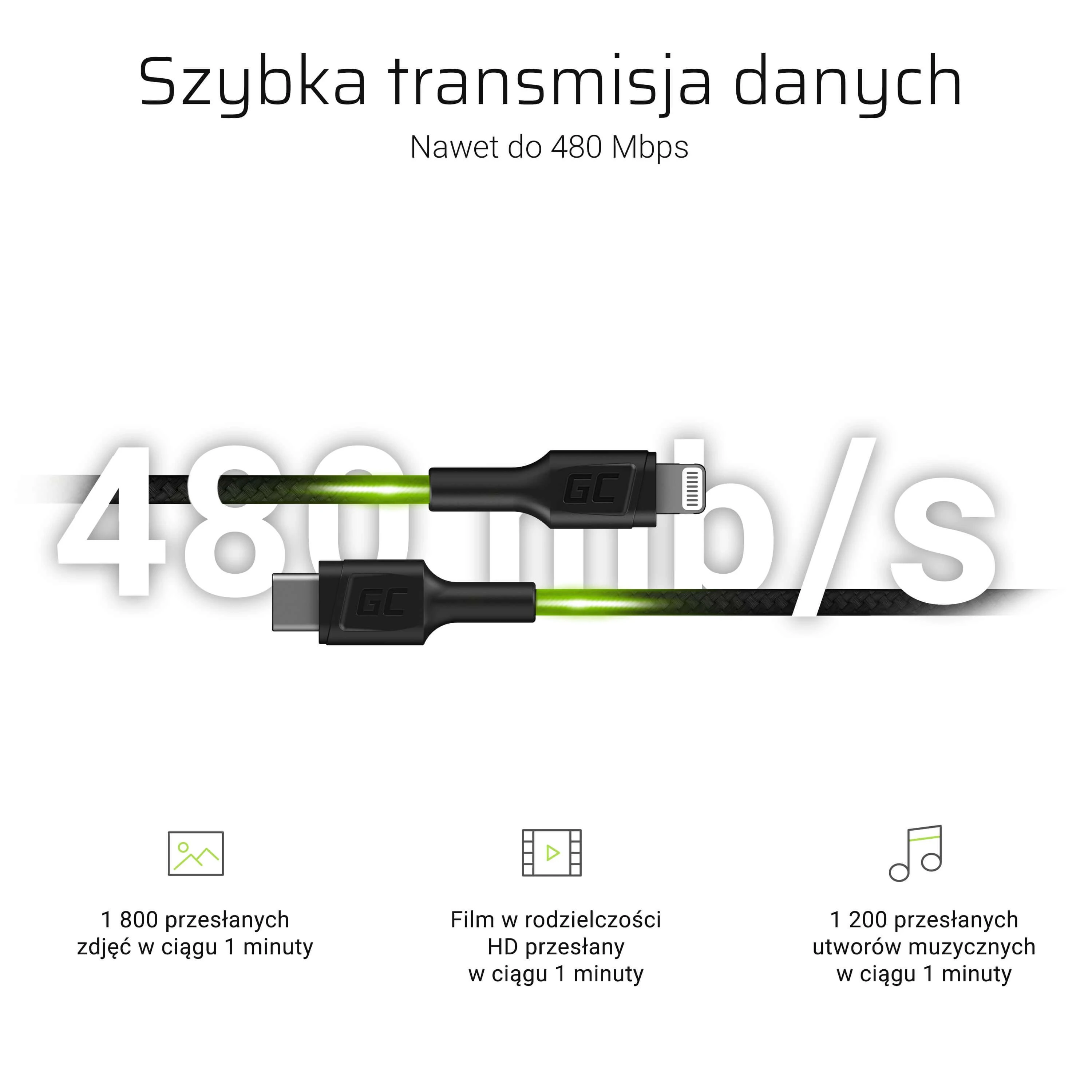 Green Cell Žalias Cell GREENCELL KABGC07 Kabelis GC Power Stream USB-C - Lightning 100 cm su maitinimo tiekimu