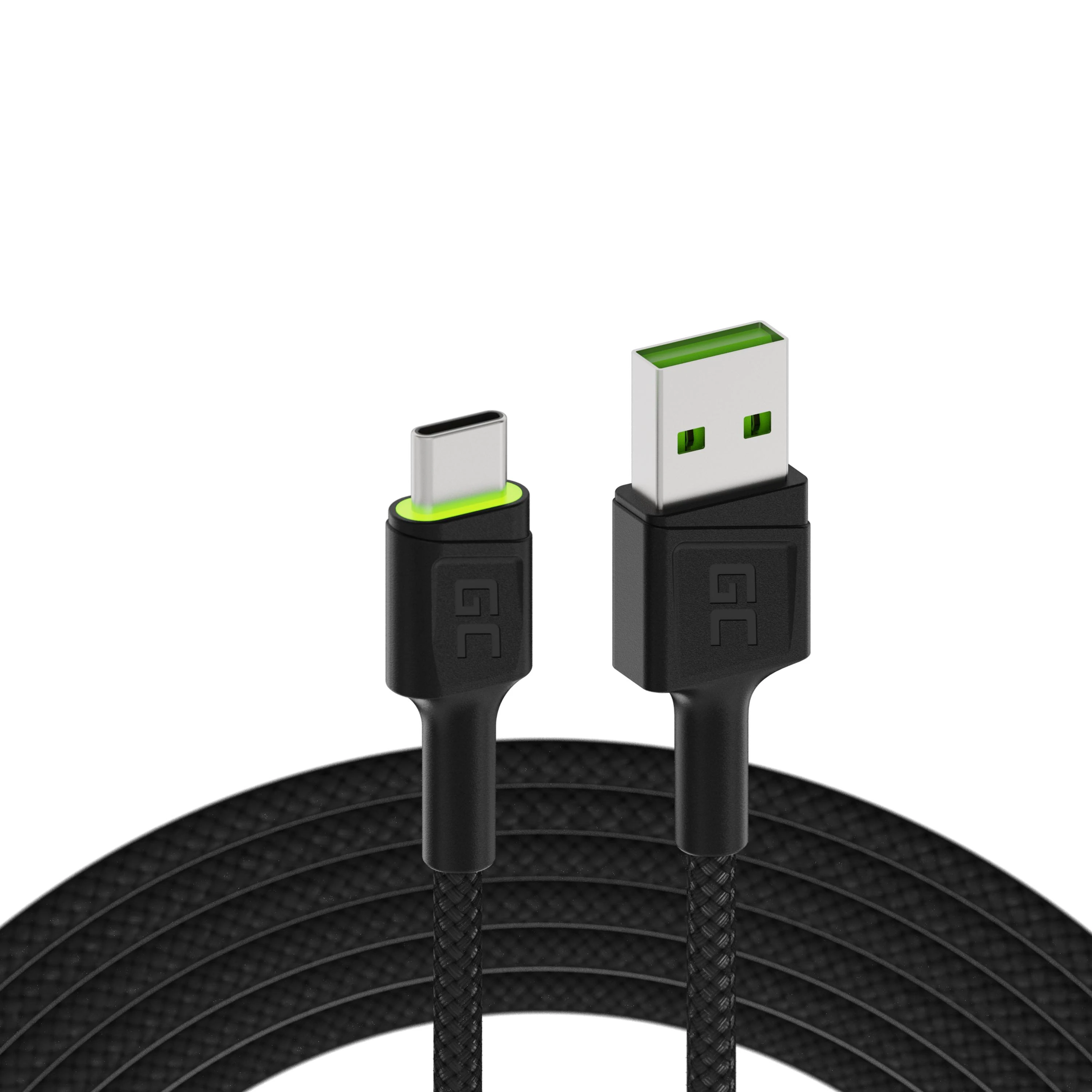 Green Cell Žalias Cell Cable Žalias Cell Ray USB-A - USB-C Žalias LED 200cm su Ultra Charge QC3.0 greito įkrovimo palaikymu