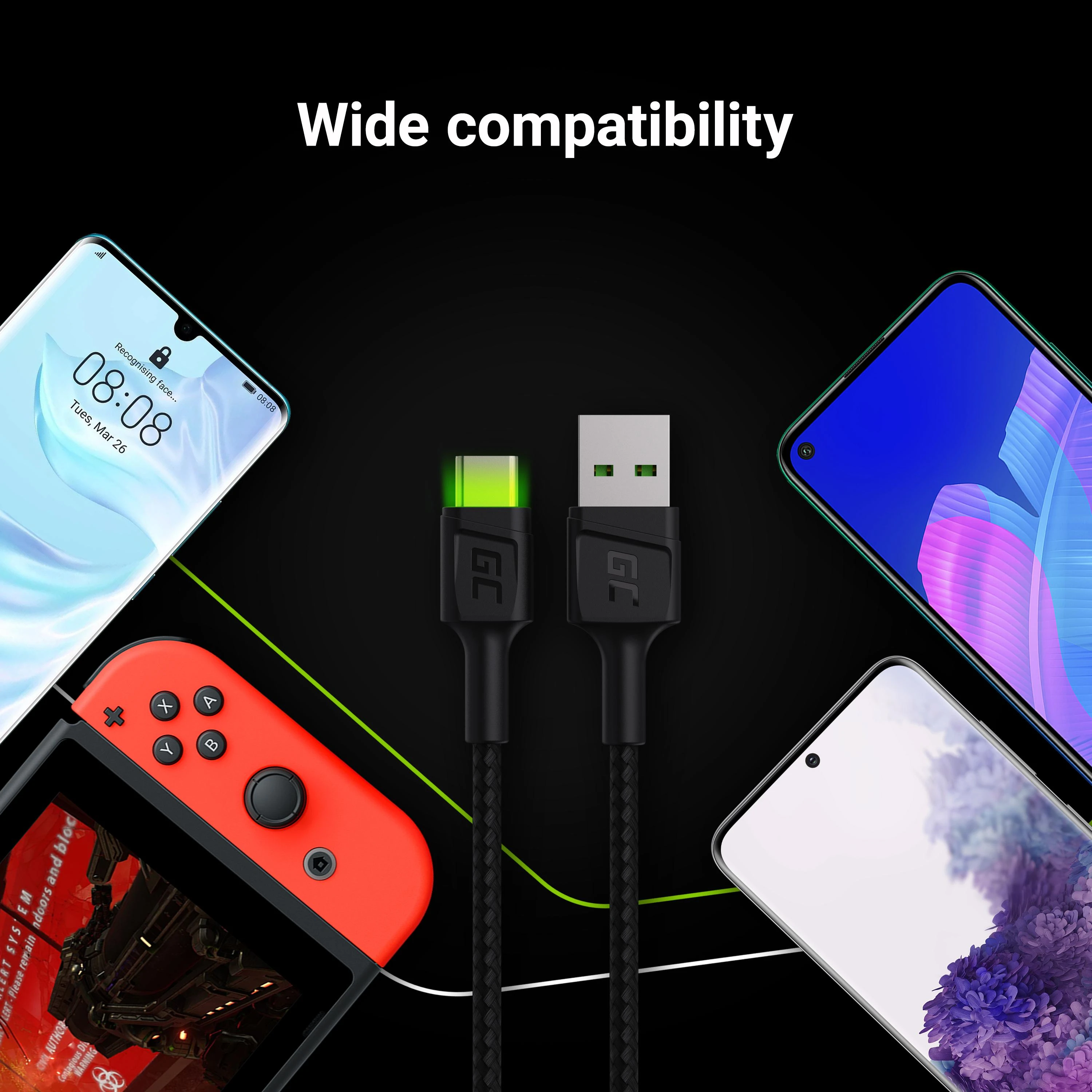 Green Cell Žalias Cell Cable Žalias Cell Ray USB-A - USB-C Žalias LED 200cm su Ultra Charge QC3.0 greito įkrovimo palaikymu
