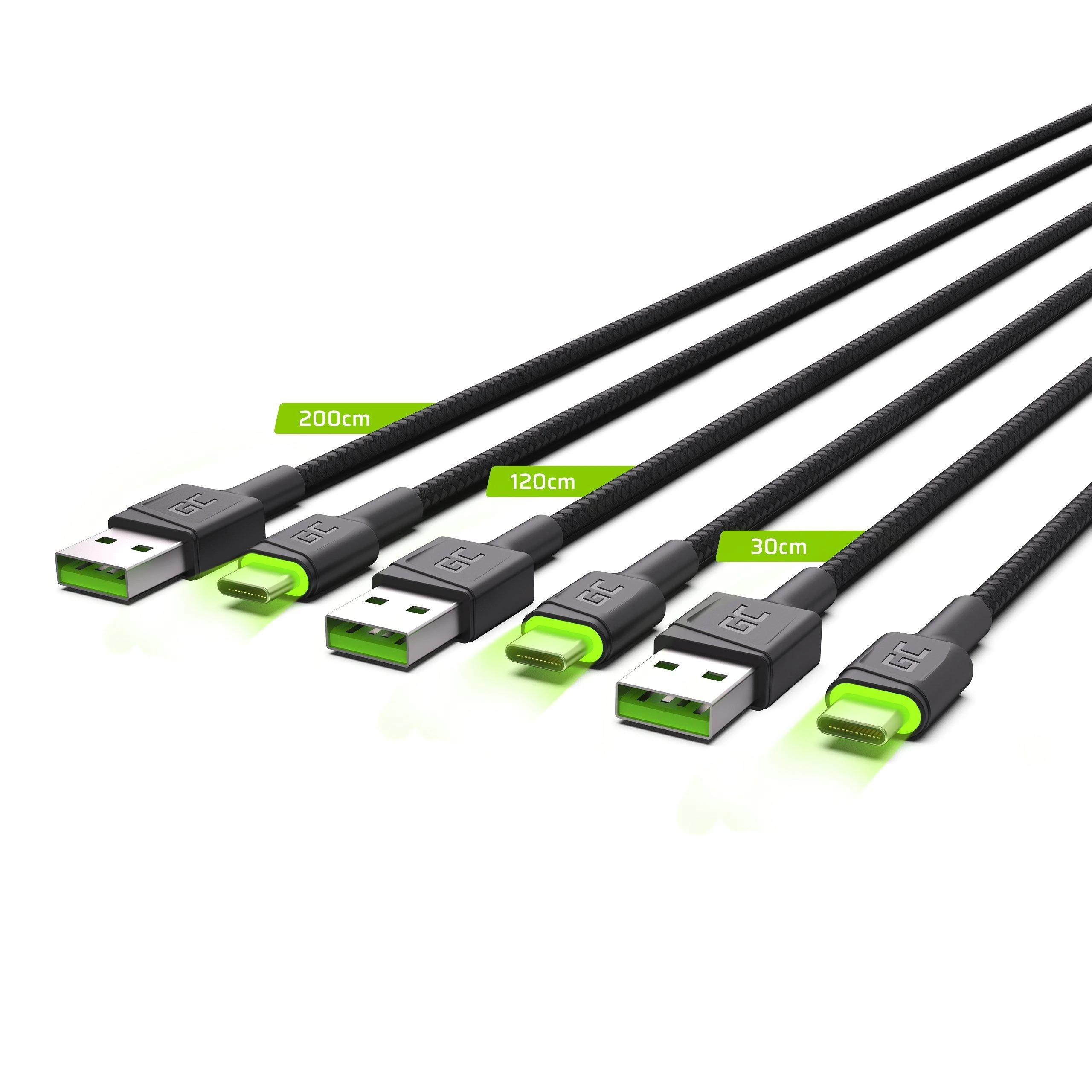 Green Cell Žalias Cell Žalias Cell USB-C kabelių komplektas 3x QC 3.0 0.3 m 1.2 m 2 m