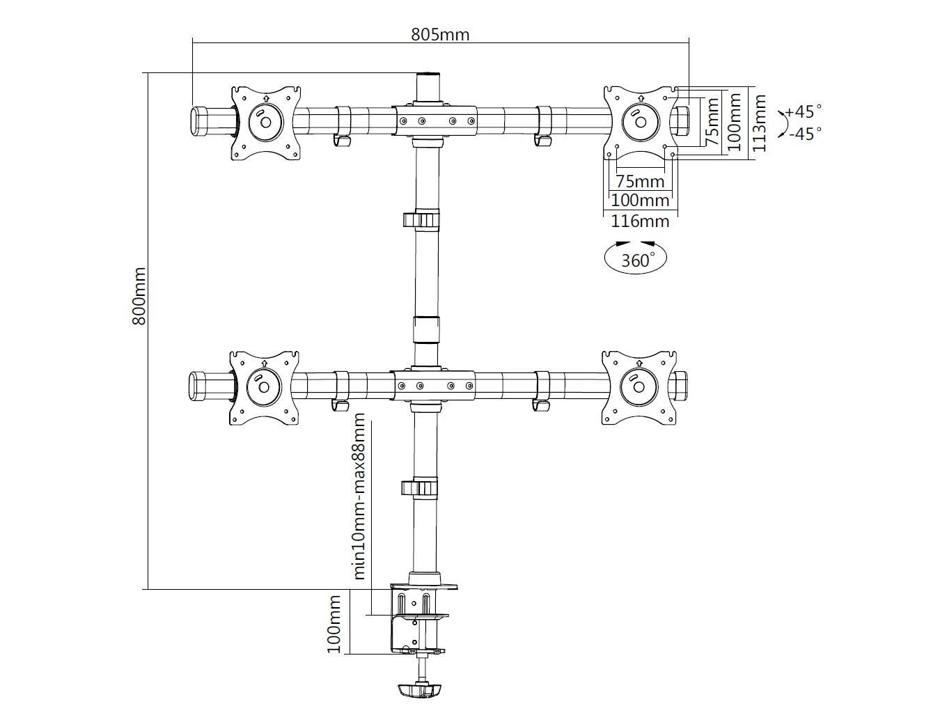 Laikiklis Multibrackets Daugiafunkciniai laikikliai MB DESKMOUNT BASIC QUAD Juodas MAX 7.5KG