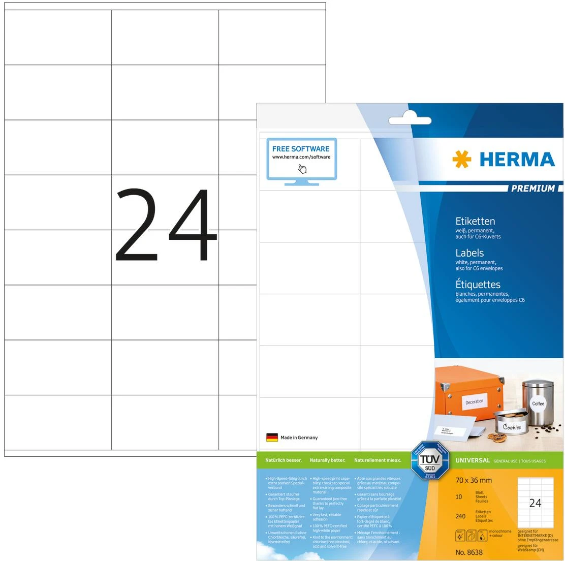Herma Etykiety Premium A4, balta, papier matinė, 240 vnt. (8638)