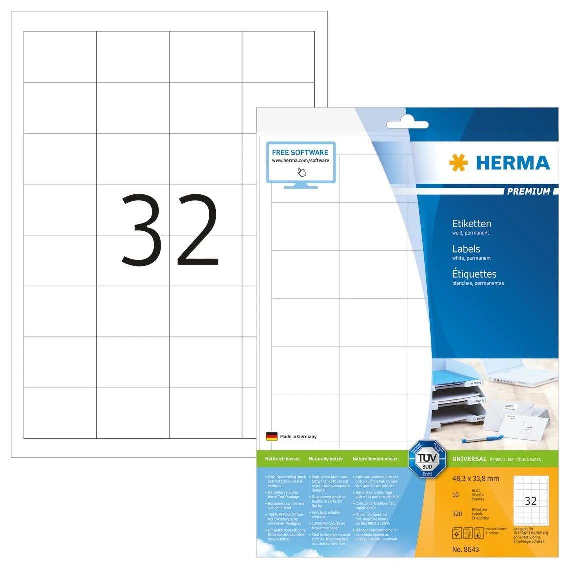 Herma Etykiety Premium 8643, A4, balta, 48,3 x 33,8 mm, papier matinė, 320 vnt. (8643)