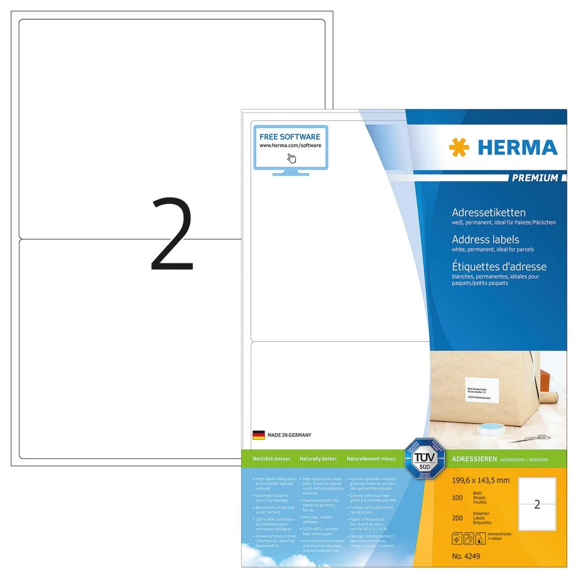 Herma Premium Labels 4249, A4, Adresas, Balta, 199,6 x 143,5 mm, Matine Popierius, 200 vnt., Suapvalinti kampai (4249)