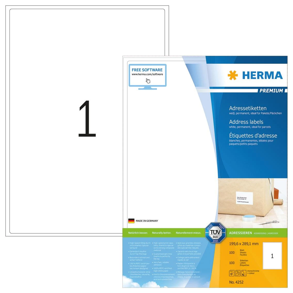 Herma Premium Labels 4252, A4, Adresas, Balta, 199,6 x 289,1 mm, Matine Popierius, 100 vnt., Suapvalinti kampai (4252)