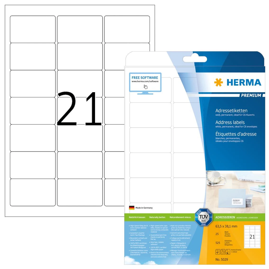 Herma Premium etiketės 5029, A4, adresas, balta, 63.5 x 38,1 mm, matinis popierius, 525 vnt. (5029)