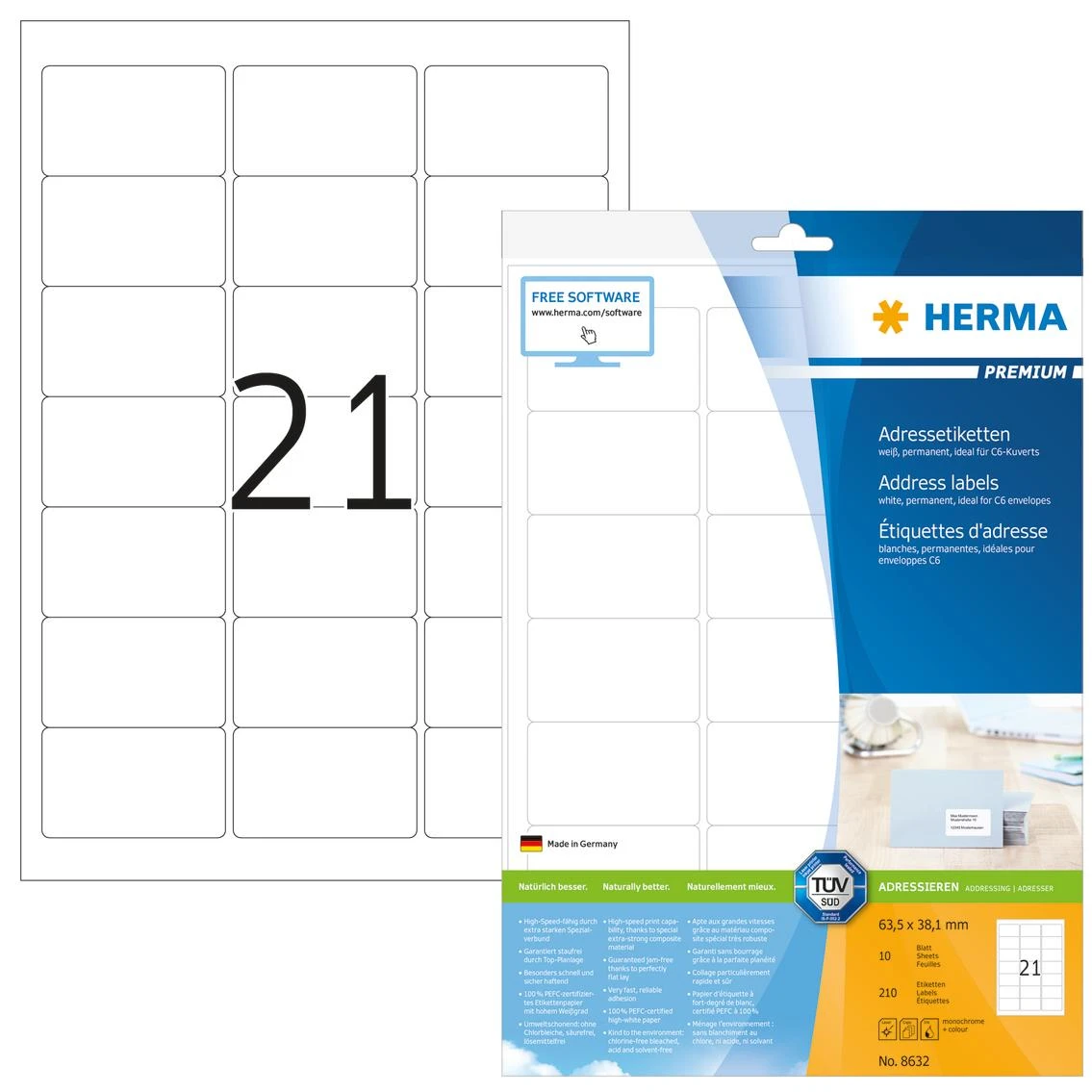 Herma Premium Labels 8632, A4, Adresas, balta, 63,5 x 38,1 mm, matinė popierius, 210 vnt (8632)