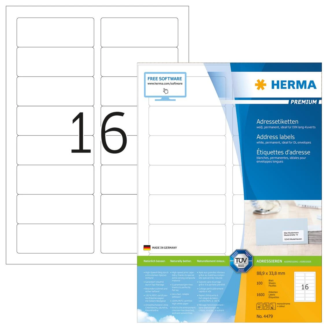 Herma Premium A4 Adresų etiketės, matinė popierius, 1600 vnt (4479)