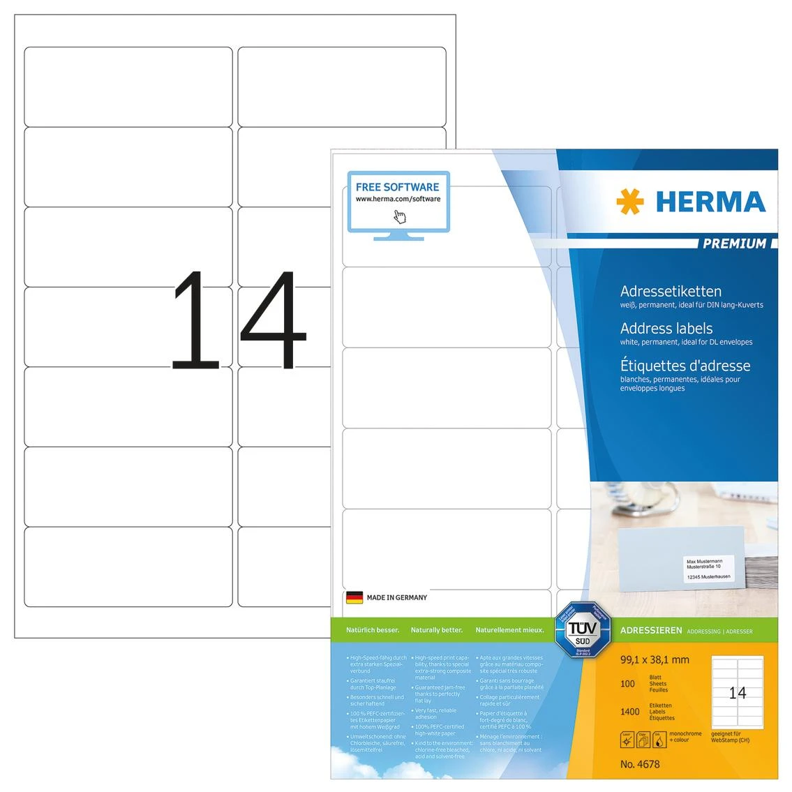 Herma Premium A4 adresų etiketės, balta, matinė popierius, 1400 vnt., užapvalintais kampais (4678)