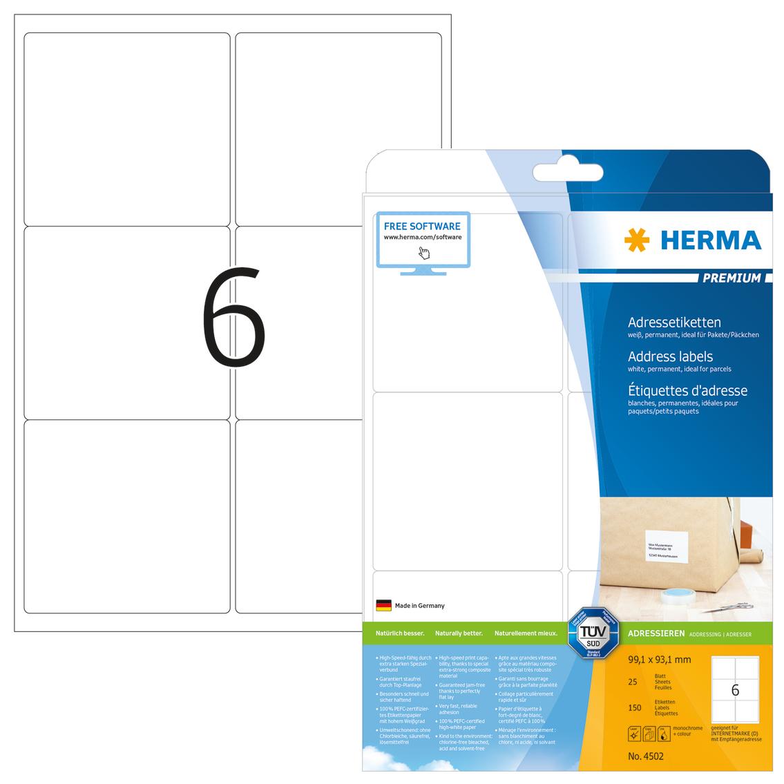 HERMA Adressetiketten Premium A4 baltas 99,1 x 93,1 mm 150St.