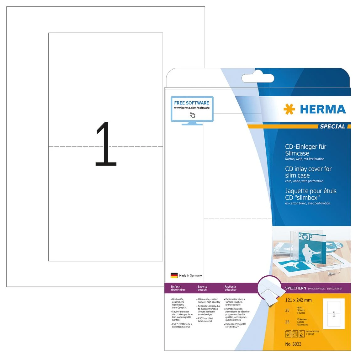 Herma Cardboard įdėklai 5033, A4, CD ir DVD dėklams, balta, be klijų, 121 x 242 mm, plonas dėklas, 25 vnt (5033)