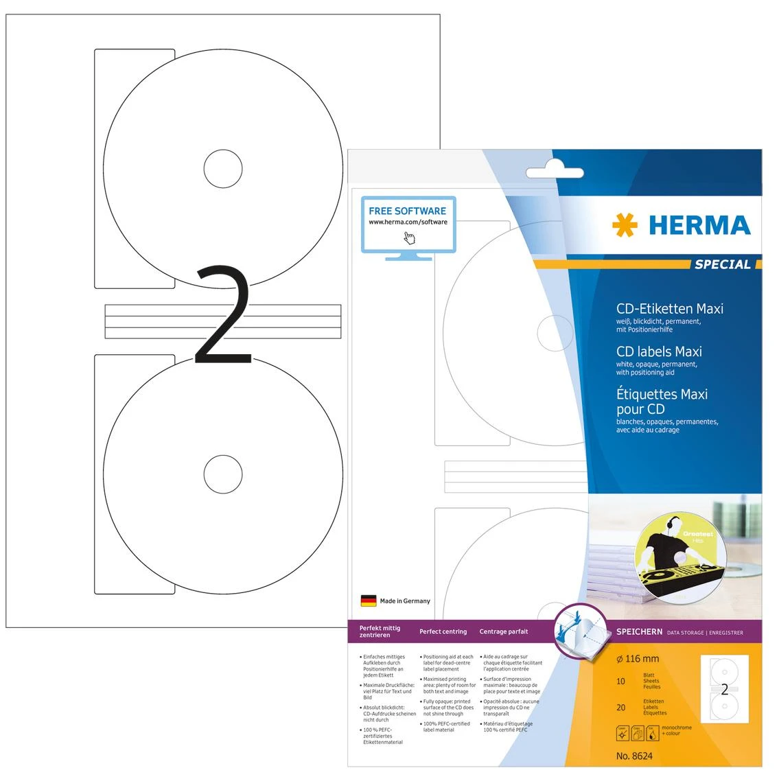 Herma Etykiety samoprzylepne Maxi 8624 na CD, balta, apvalus, Ø 116 mm, papier matinė, 20 vnt (8624)