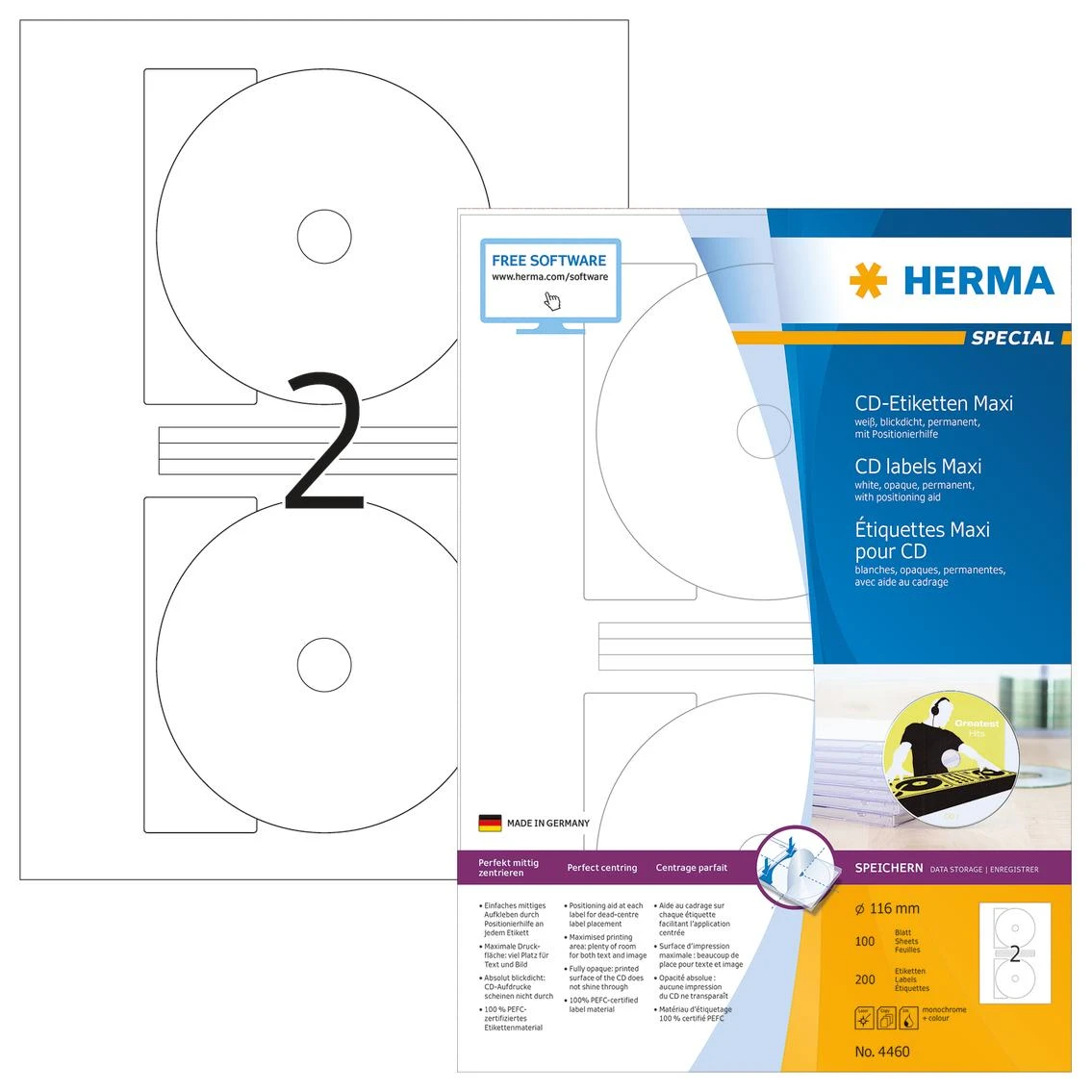 Herma Etykiety samoprzylepne Maxi 4460, A4, na CD, balta, apvalus, Ø 116 mm, papier matinė, 200 vnt (4460)