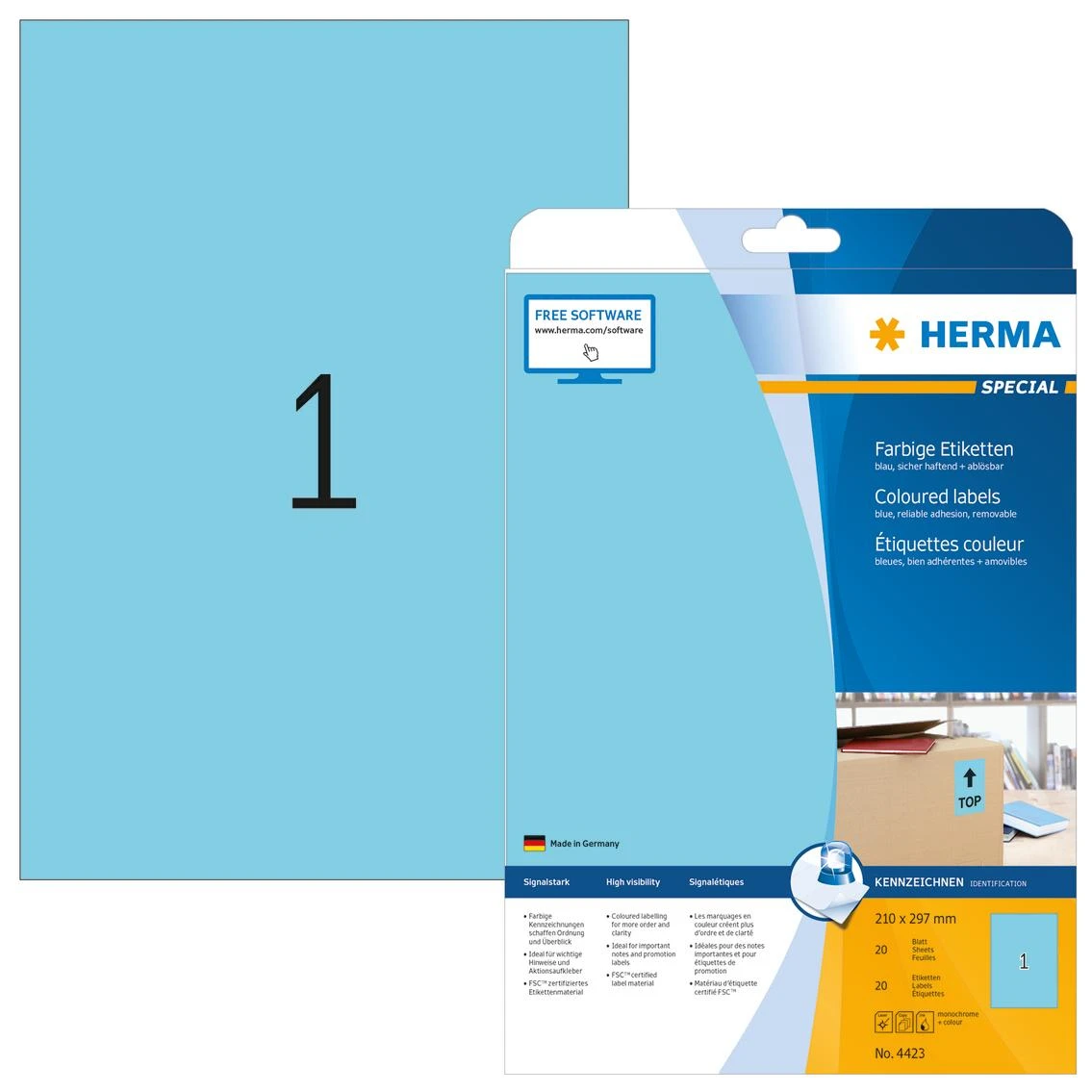 Herma Colored Labels 4423, A4, lipni, 210 x 297 mm, popierinė matinė mėlyna, 20 vnt (4423)