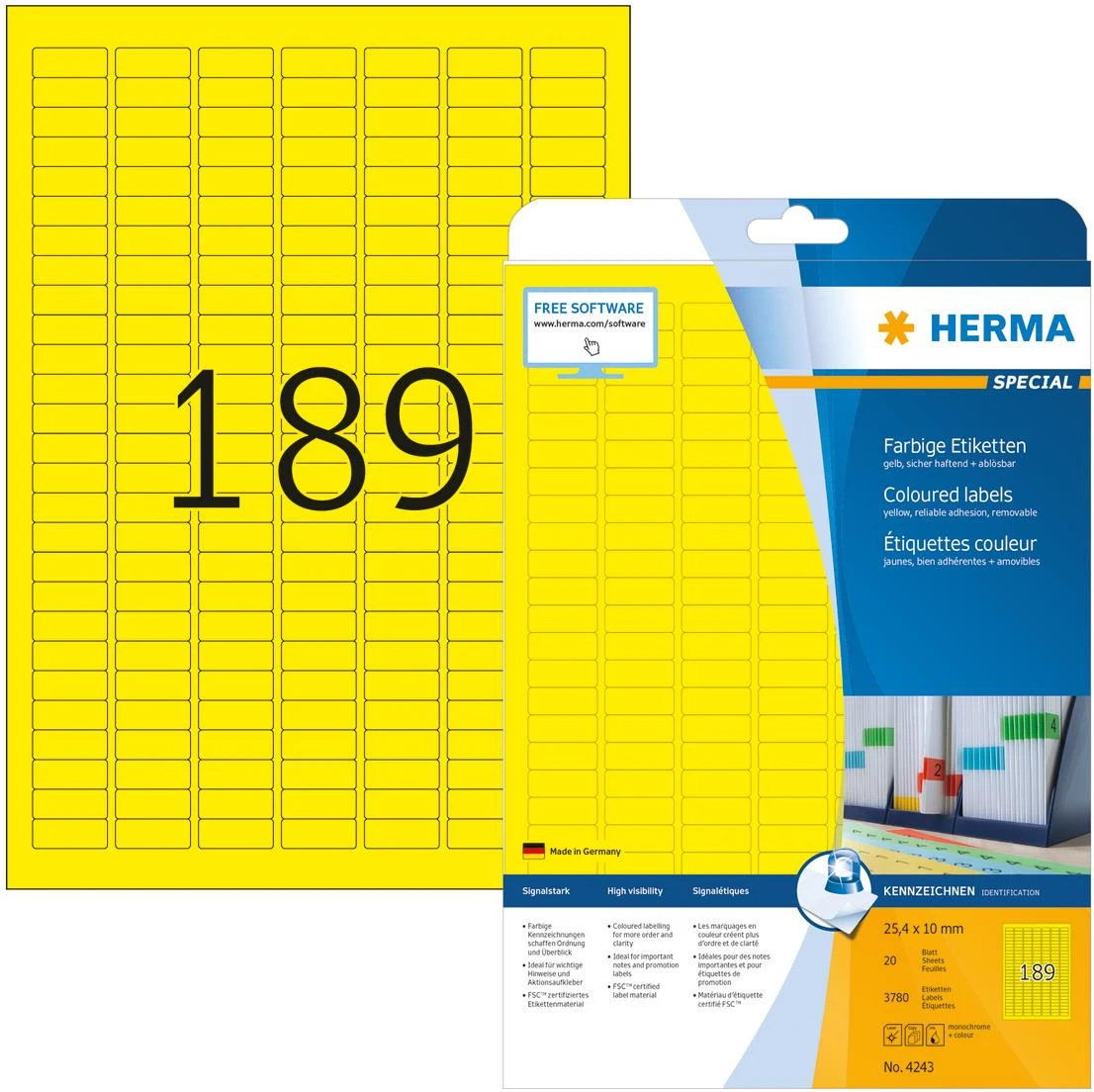 Herma Etykiety samoprzylepne 4243, A4, 25.4 x 10 mm, papier matinė geltona, 3780 vnt (4243)