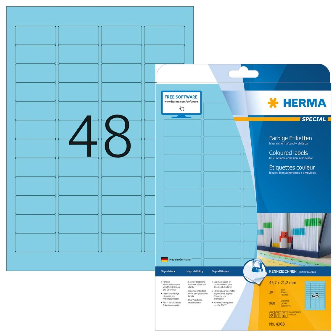 Herma Spalvų etiketės 4368, A4, 45.7 x 21.2 mm, matinis popierius mėlyna, 960 vnt (4368)