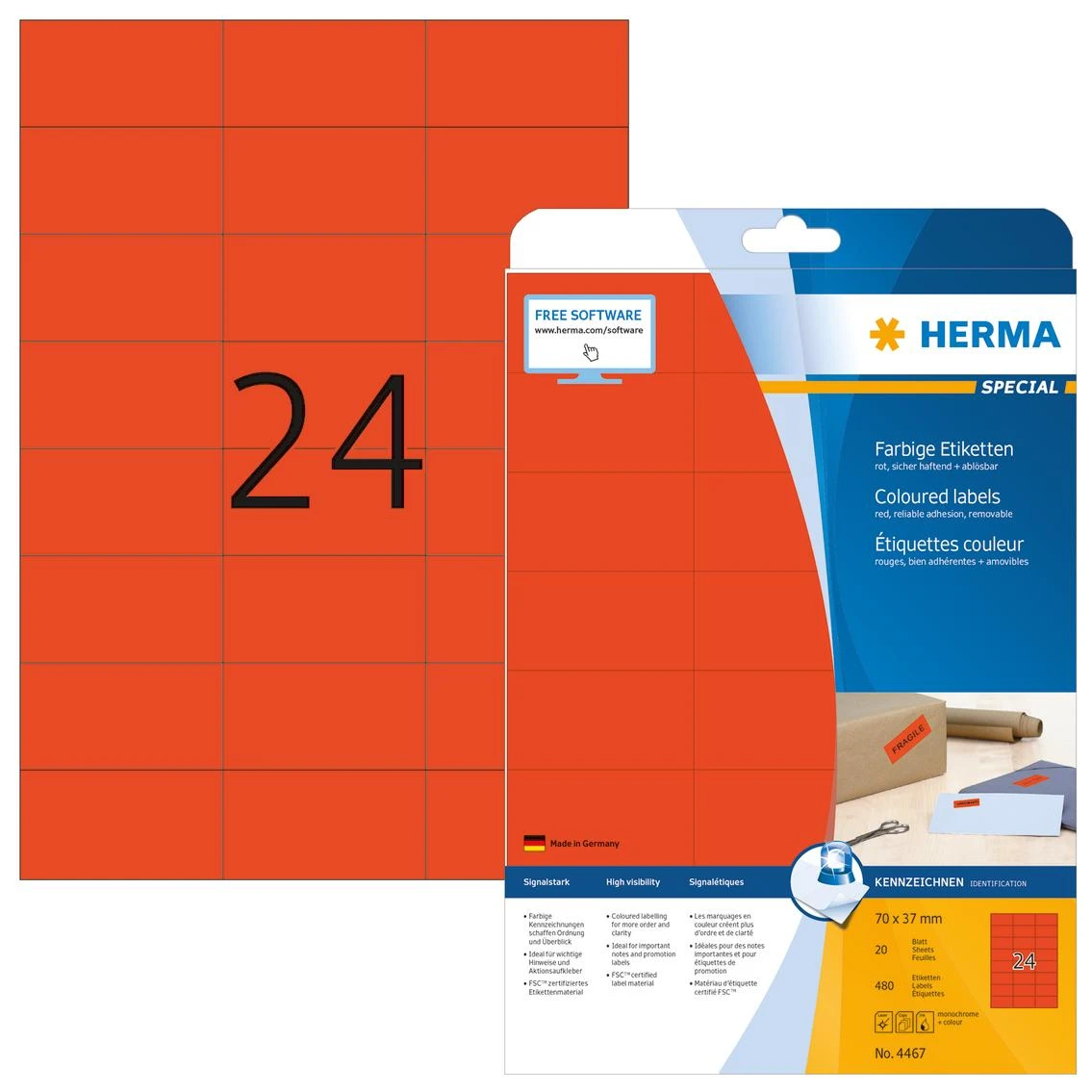Herma Etykiety kolorowe 4467, A4, 70 x 37 mm, papier matinė raudona, 480 vnt (4467)