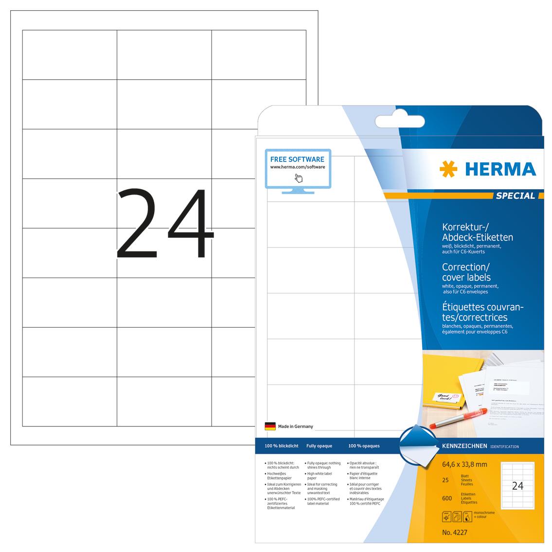 Herma Cover etiketės 4227, A4, 64,4 x 33,8 mm., matinis baltas popierius, 600 vnt.