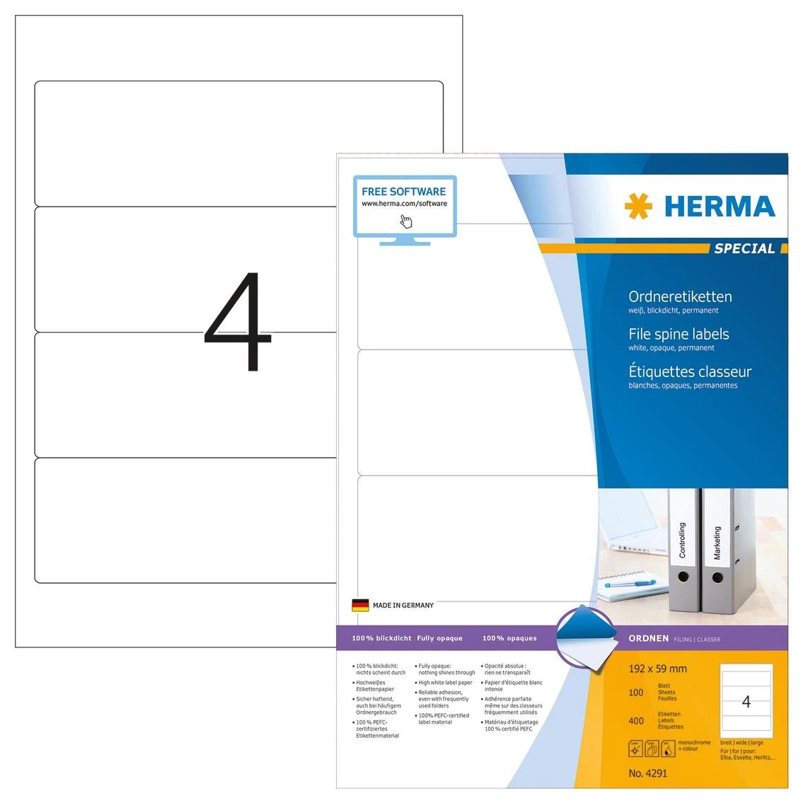 Herma Labels Special 4291, segtuvams, A4, balta, 192 x 59 mm, matinis popierius, 400 vnt., užapvalinti kampai. (4291)
