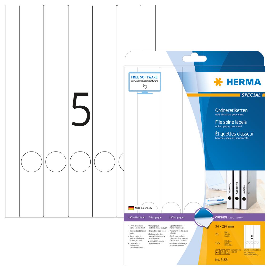 Herma Specialios etiketės 5158, ant rišiklių, A4, balta, 34 x 297 mm, matinis popierius, 125 vnt., suapvalinti kampai. (5158)