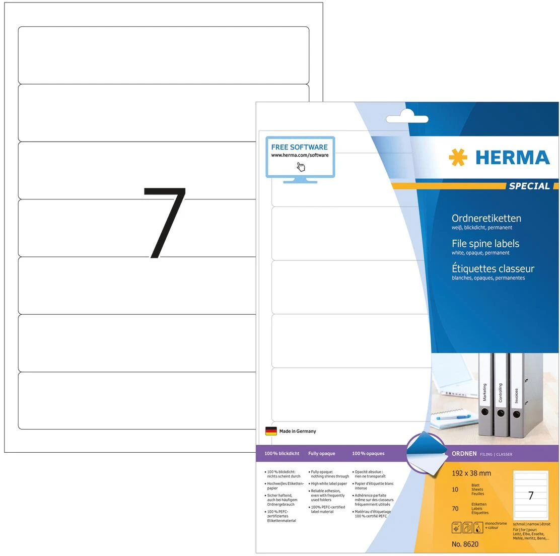 Herma Special etiketės segtuvams, A4, baltas, nepermatomas matinis popierius, 70 vnt., užapvalintais kampais. (8620)