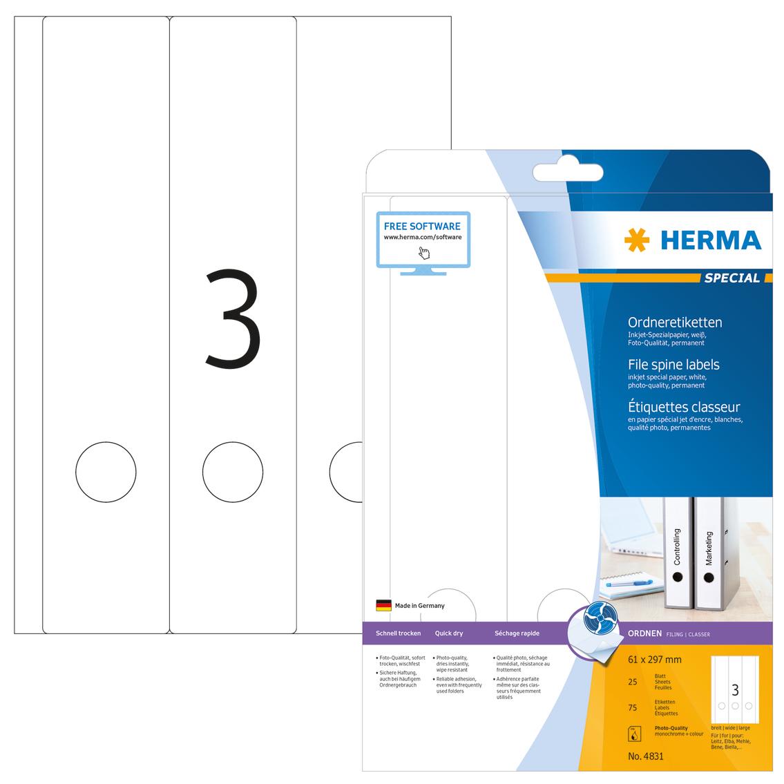 Herma Labels Special 4831, segtuvams, A4, balta, 61 x 297 mm, matinė popierius, rašaliniams spausdintuvams, 75 vnt., užapvalinti kampai (4831)