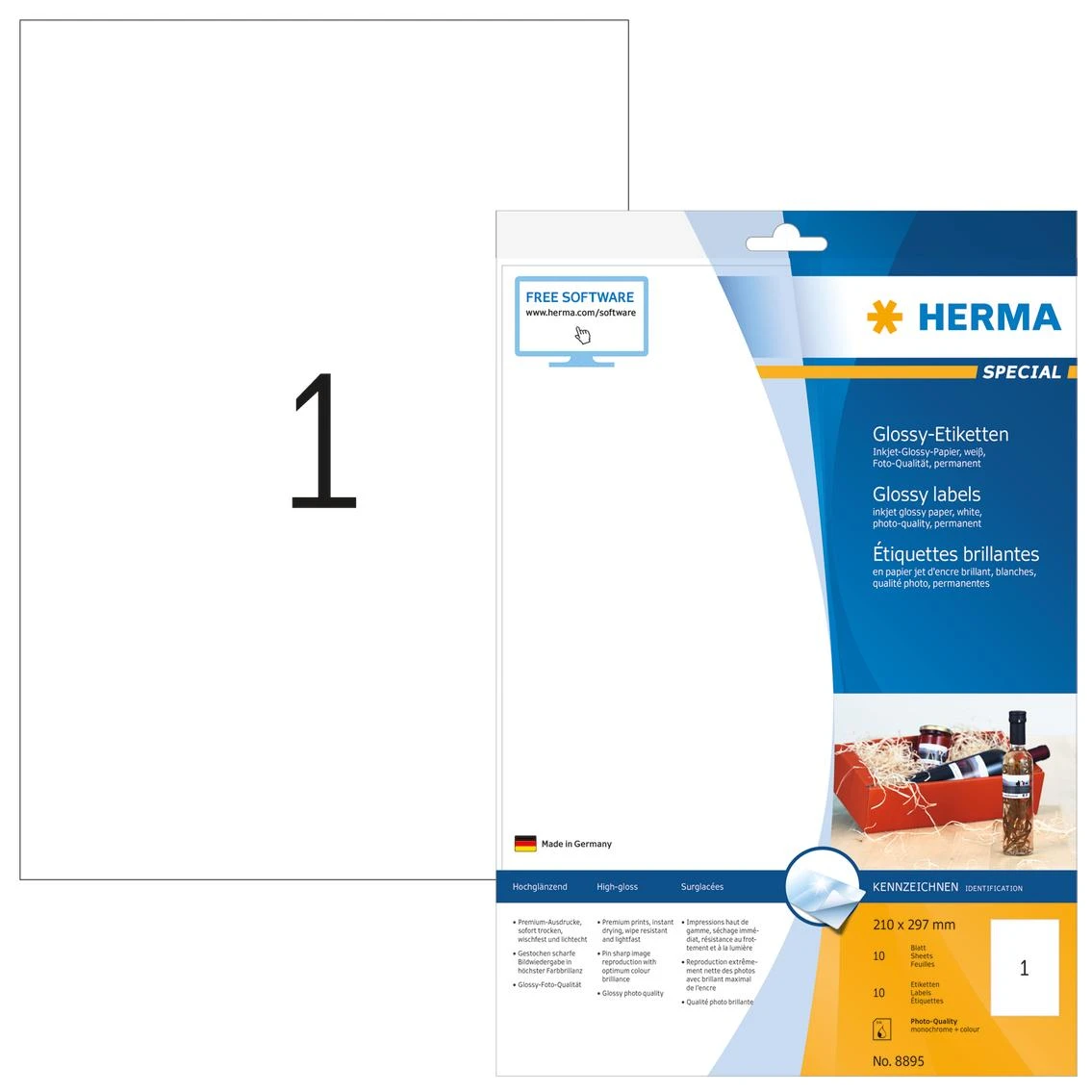 Herma InkPrint 8895 blizgios etiketės, A4, 210 x 297 mm, blizgus popierius, 10 vnt (8895)