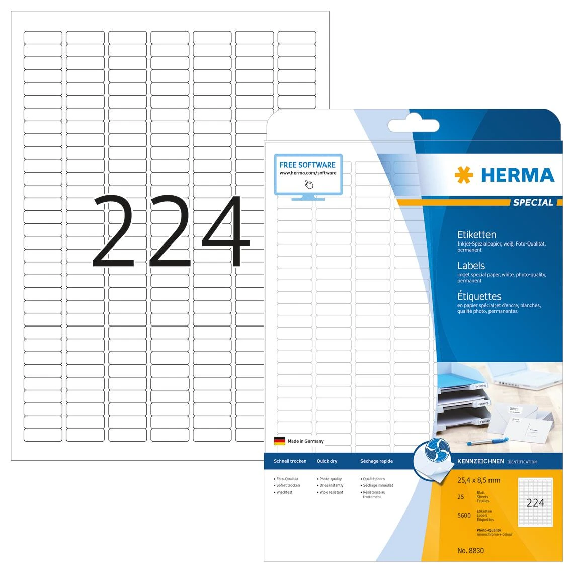 Herma Etykiety InkPrint 8830, A4, 25,4 x 8,5 mm, papier balta matinė, 5600 vnt., zaokrąglone narożniki (8830)