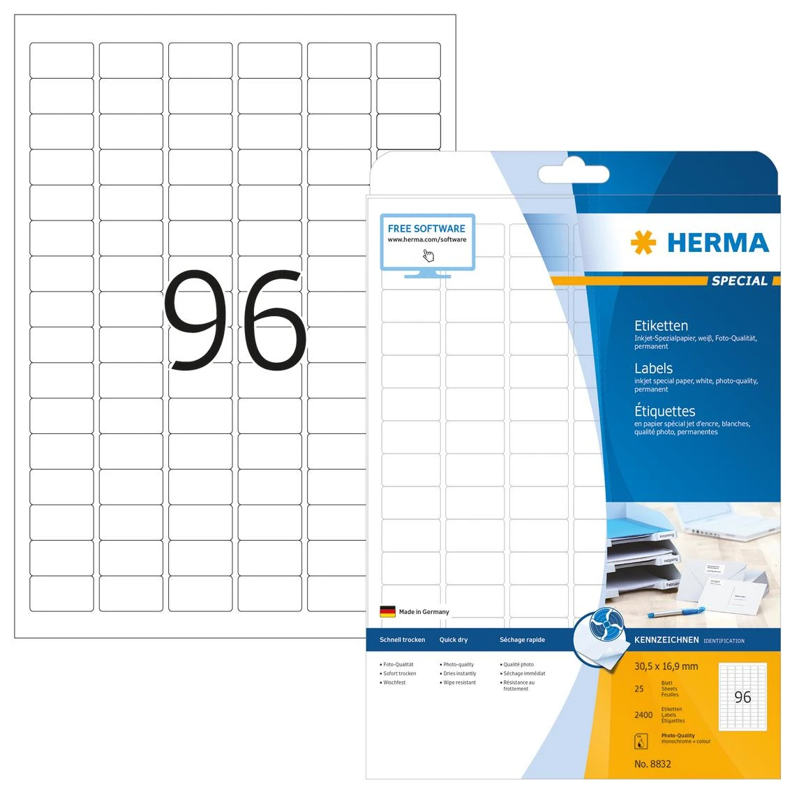 Herma Labels InkPrint 8832, A4, 30,5 x 16,9 mm, balta matinė popierius, 2400 vnt., užapvalinti kampai (8832)