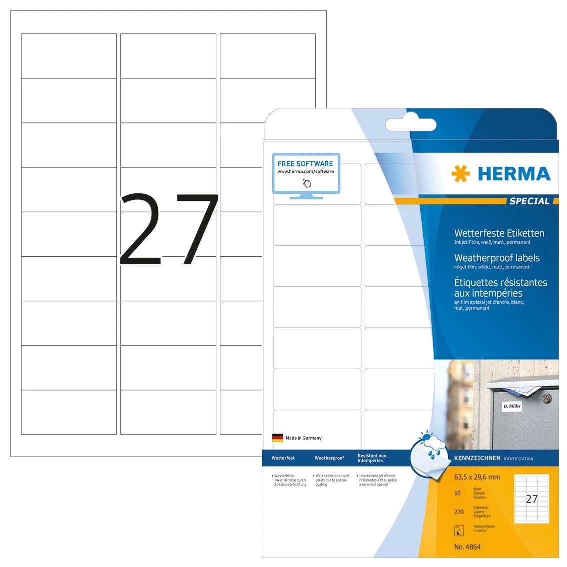Herma Neperšlampamos etiketės 4864, A4, 63,5 x 29,6 mm, balta, vandeniui atspari matinė folija, 270 vnt (4864)