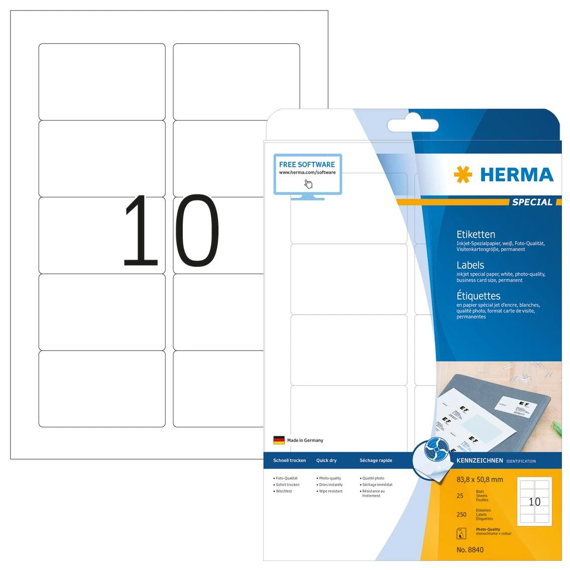 Herma Labels InkPrint 8840, A4, 83,8 x 50,8 mm, balta matinė popierius, 250 vnt., užapvalinti kampai (8840)