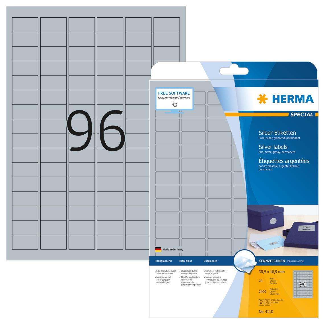 Herma Foil etiketės 4110, A4, 30,5 x 16,9 mm, blizgi sidabrinė folija, 2400 vnt (4110)