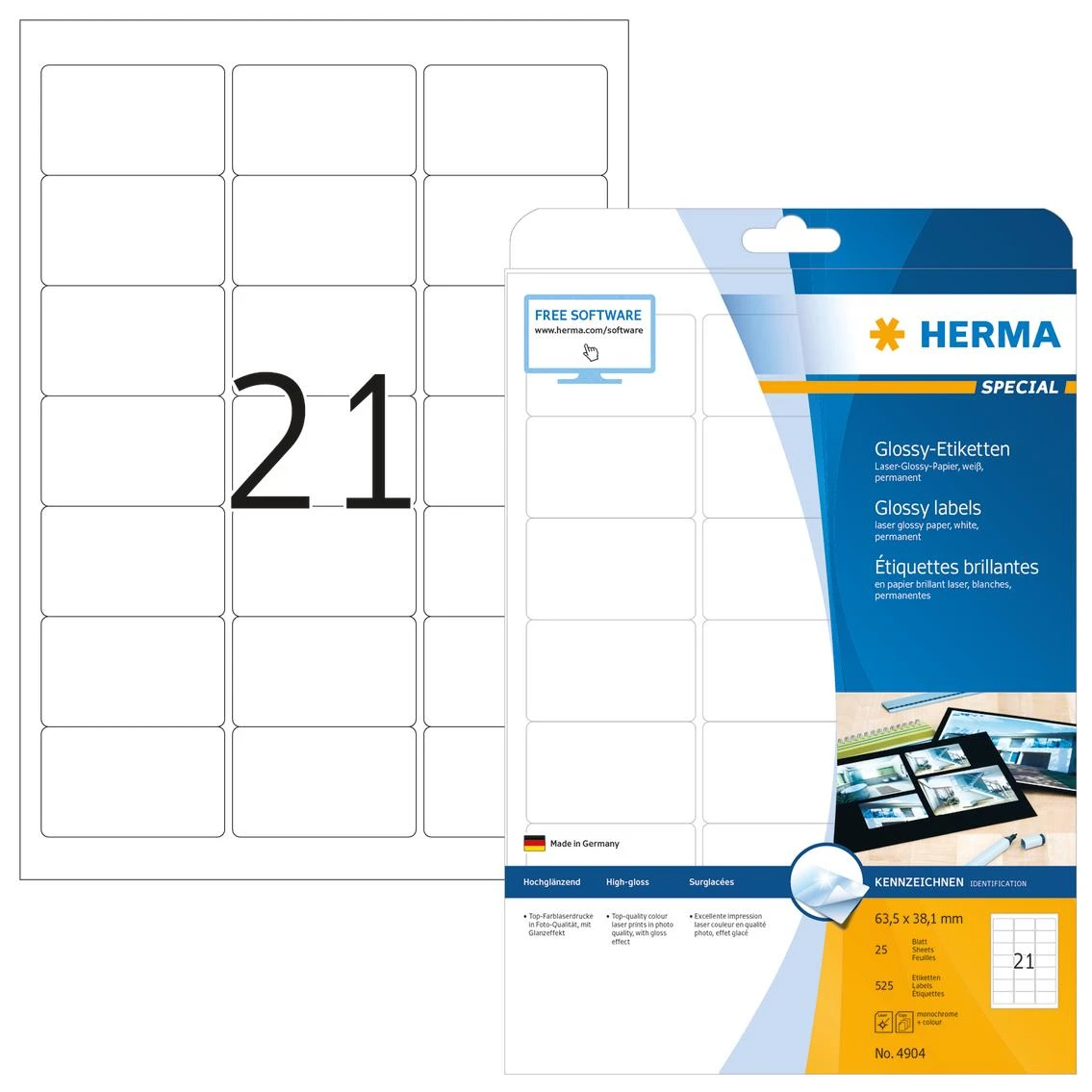 Herma Glossy etiketės 4904, A4, 63,5 x 38,1 mm, balta, blizgus popierius, 525 vnt (4904)