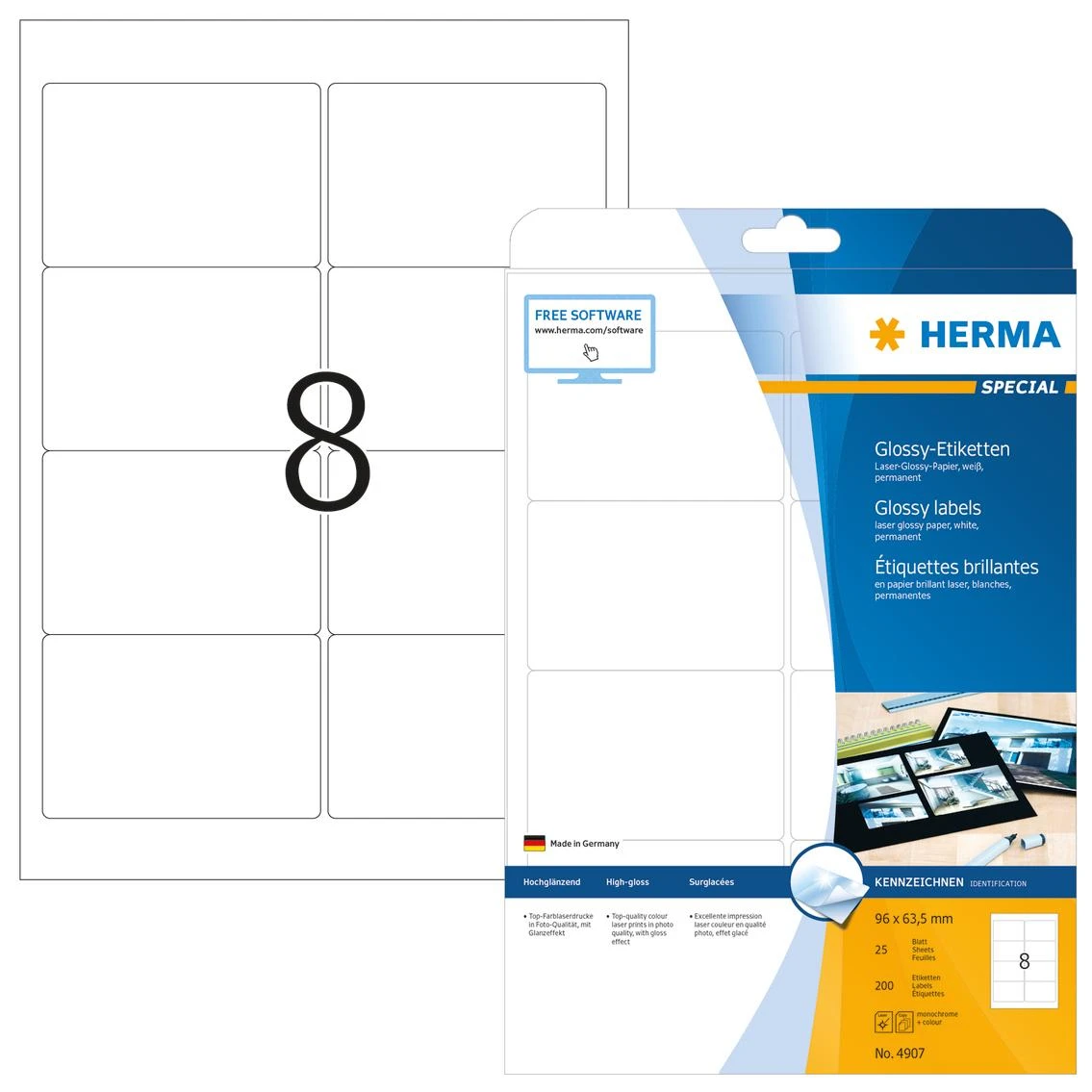 Herma blizganti etiketė 4907, A4, 96 x 63,5 mm, balta, blizganti, 200 t. (4907)