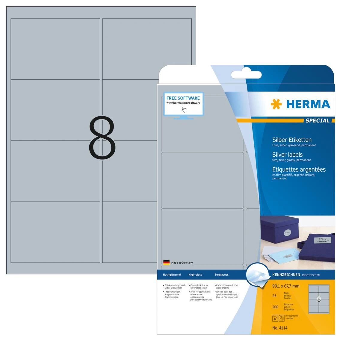 Herma Foil etiketės 4114, A4, 99,1 x 67,7 mm, blizgi sidabrinė folija, 200 vnt (4114)