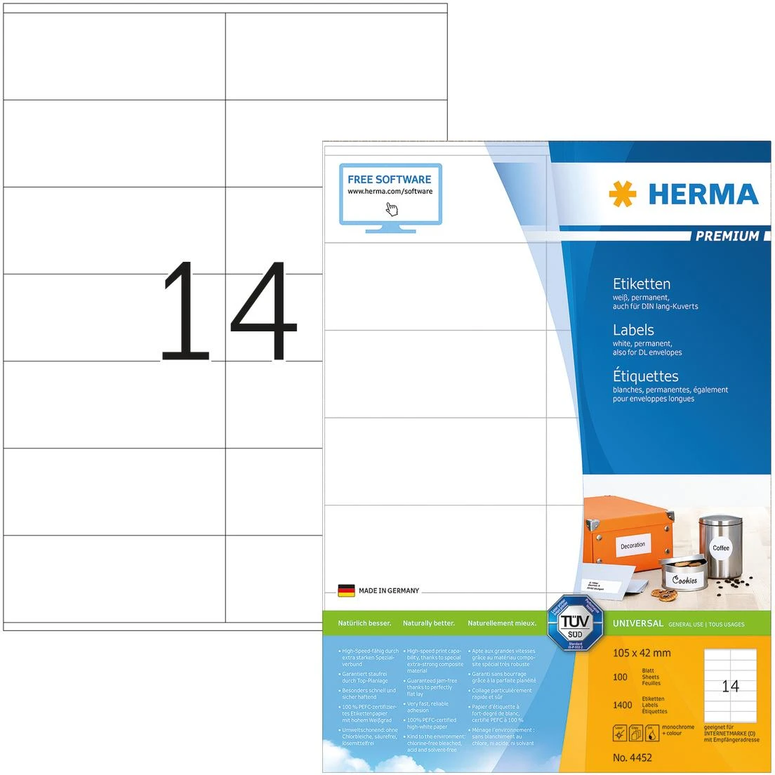 Herma Etykiety Premium A4, balta, papier matinė, 1400 vnt. (4452)