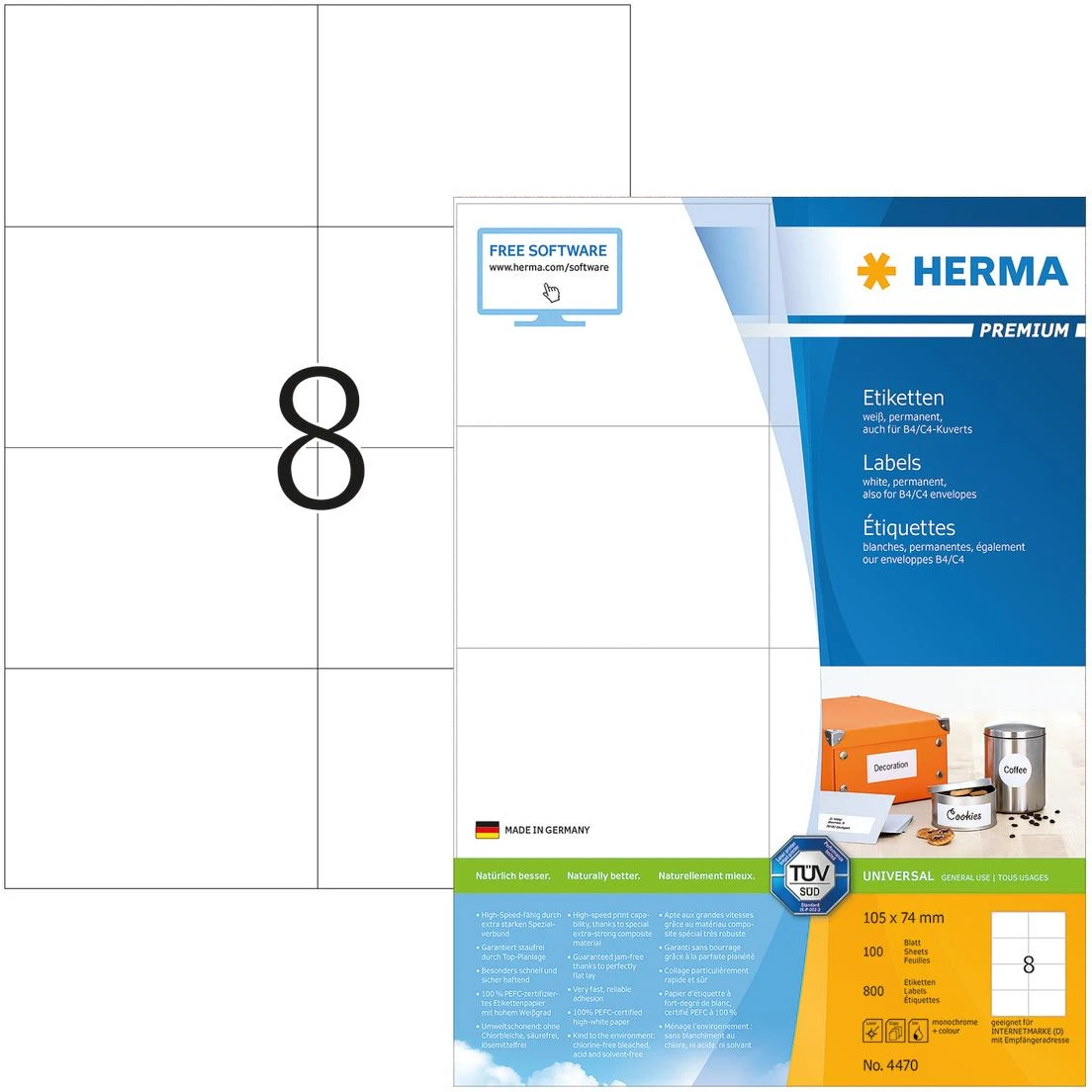 Herma Premium etiketės A4, baltas, matinis popierius, 800 vnt (4470)
