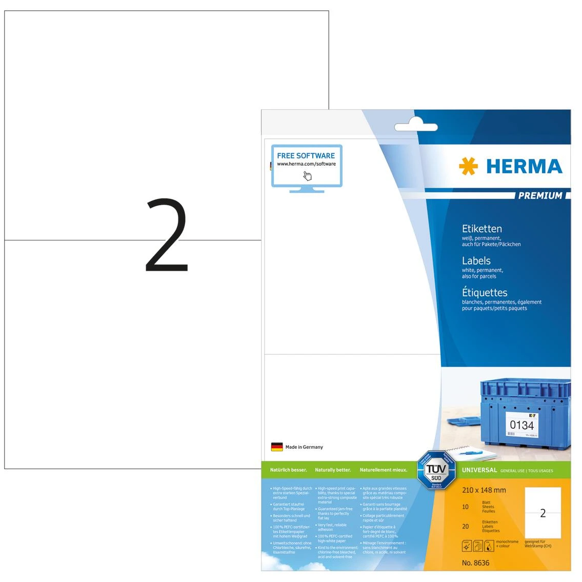 Herma Etykiety Premium 8636, A4, balta, 210 x 148 mm, papier matinė, 20 vnt. (8636)