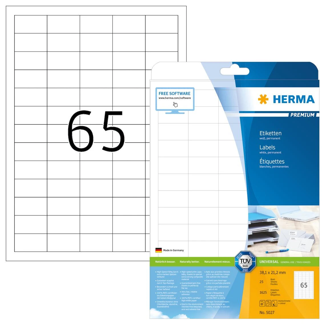 Herma Etykiety Premium 5027, A4, balta, 38,1 x 21,2 mm, papier matinė, 1625 vnt. (5027)