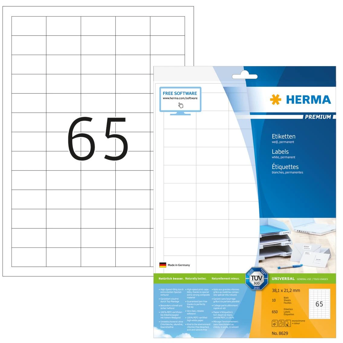 Herma Etykiety Premium 8629, A4, balta, 38,1 x 21,2 mm, papier matinė, 650 vnt. (8629)