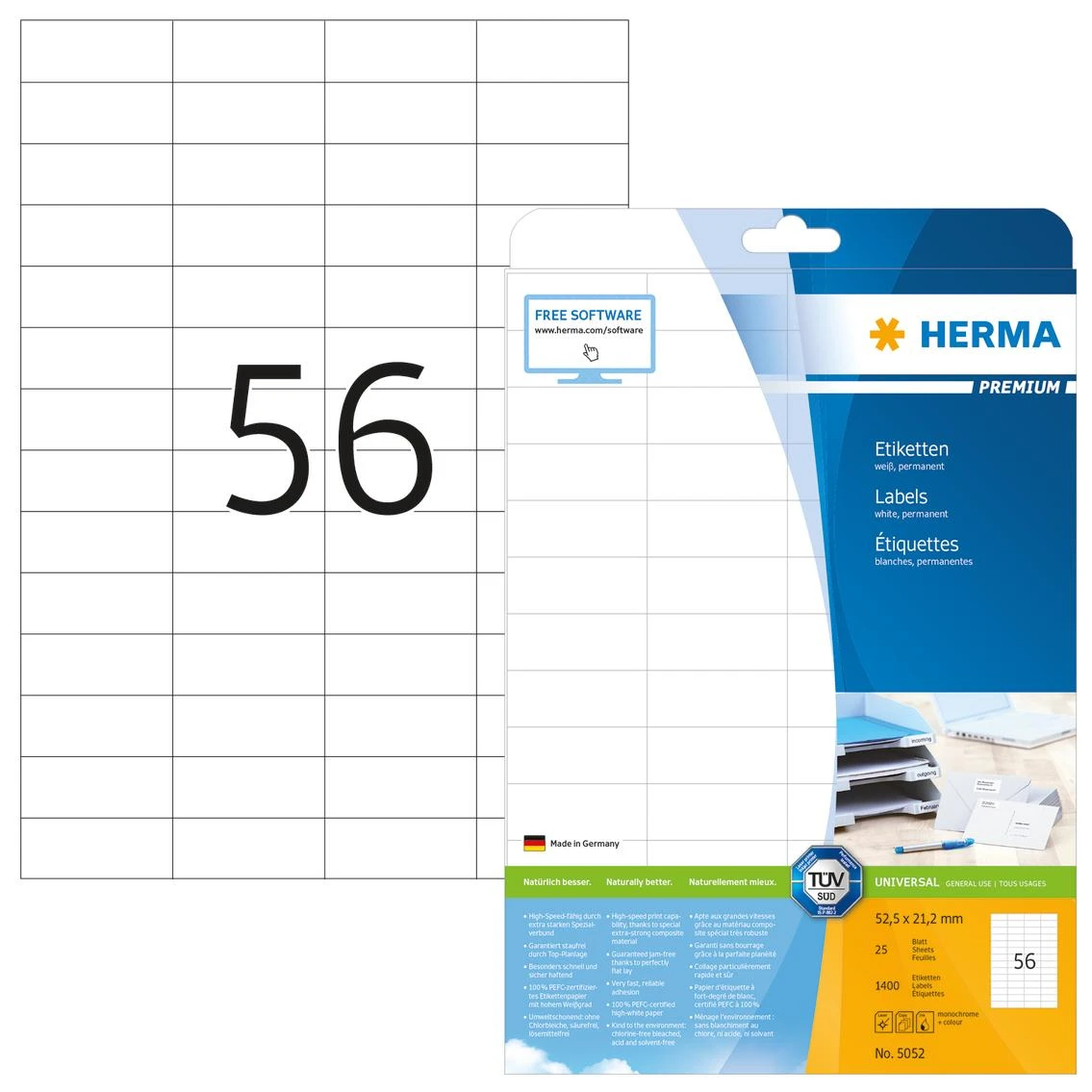 Herma Etykiety Premium 5052, A4, balta, 52.5 x 21.2 mm, papier matinė, 1400 vnt (5052)