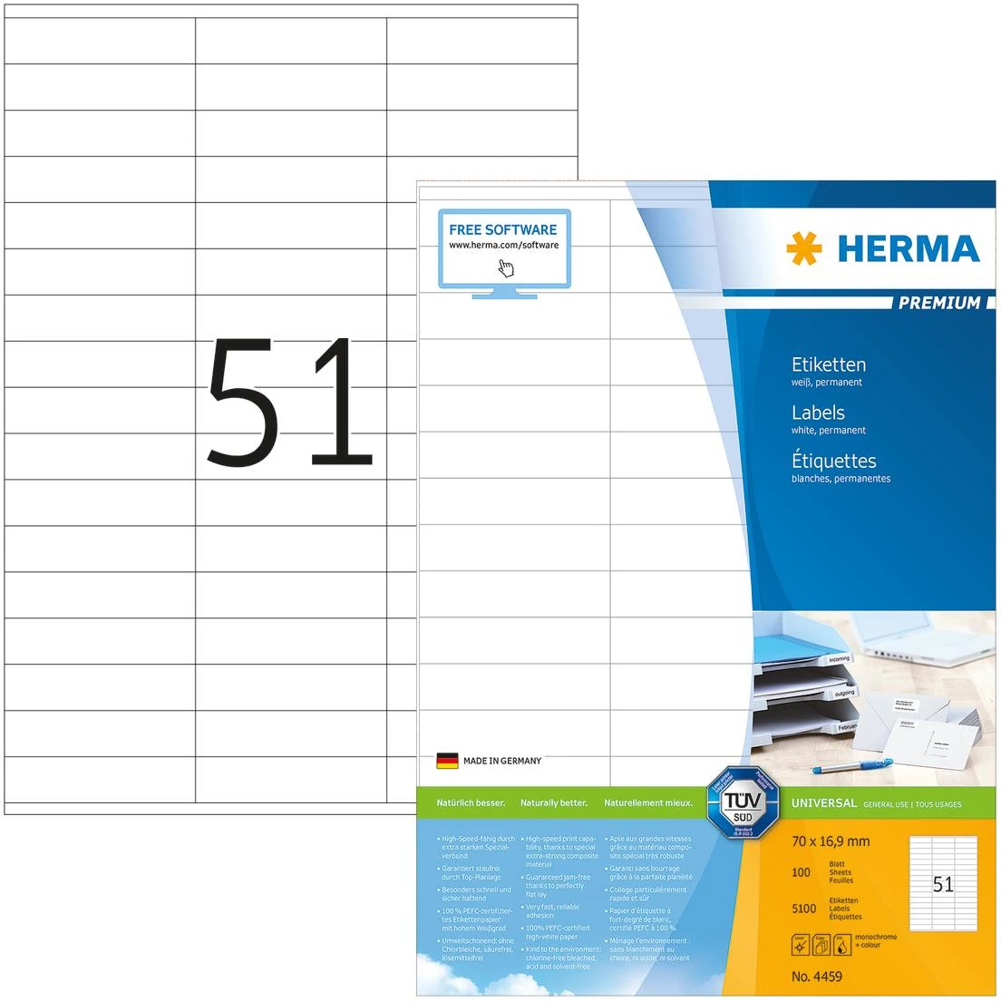 Herma Premium etiketės A4, baltas, matinis popierius, 5100 vnt (4459)