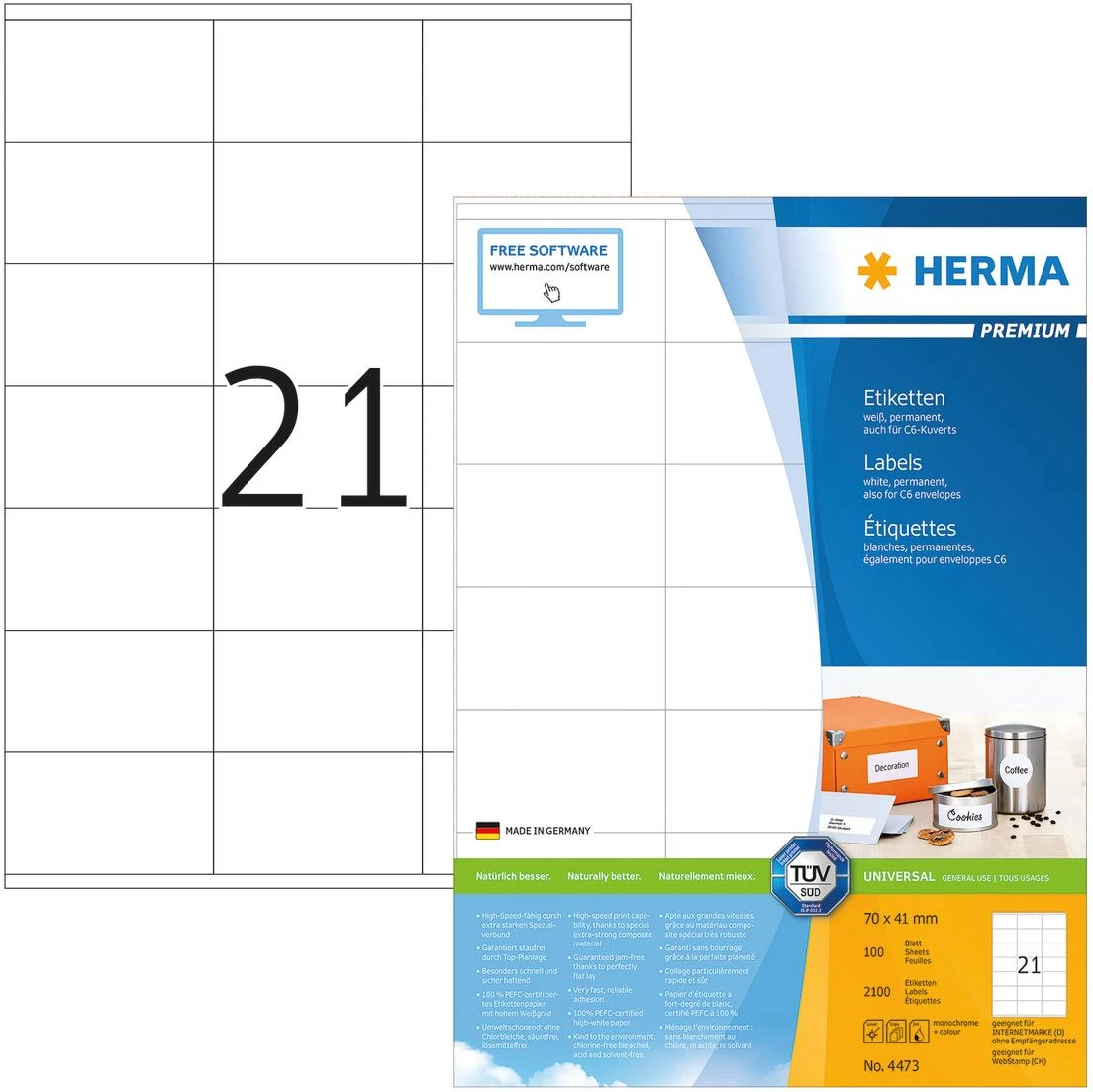 Herma Etykiety Premium A4, balta, papier matinė, 2100 vnt. (4473)